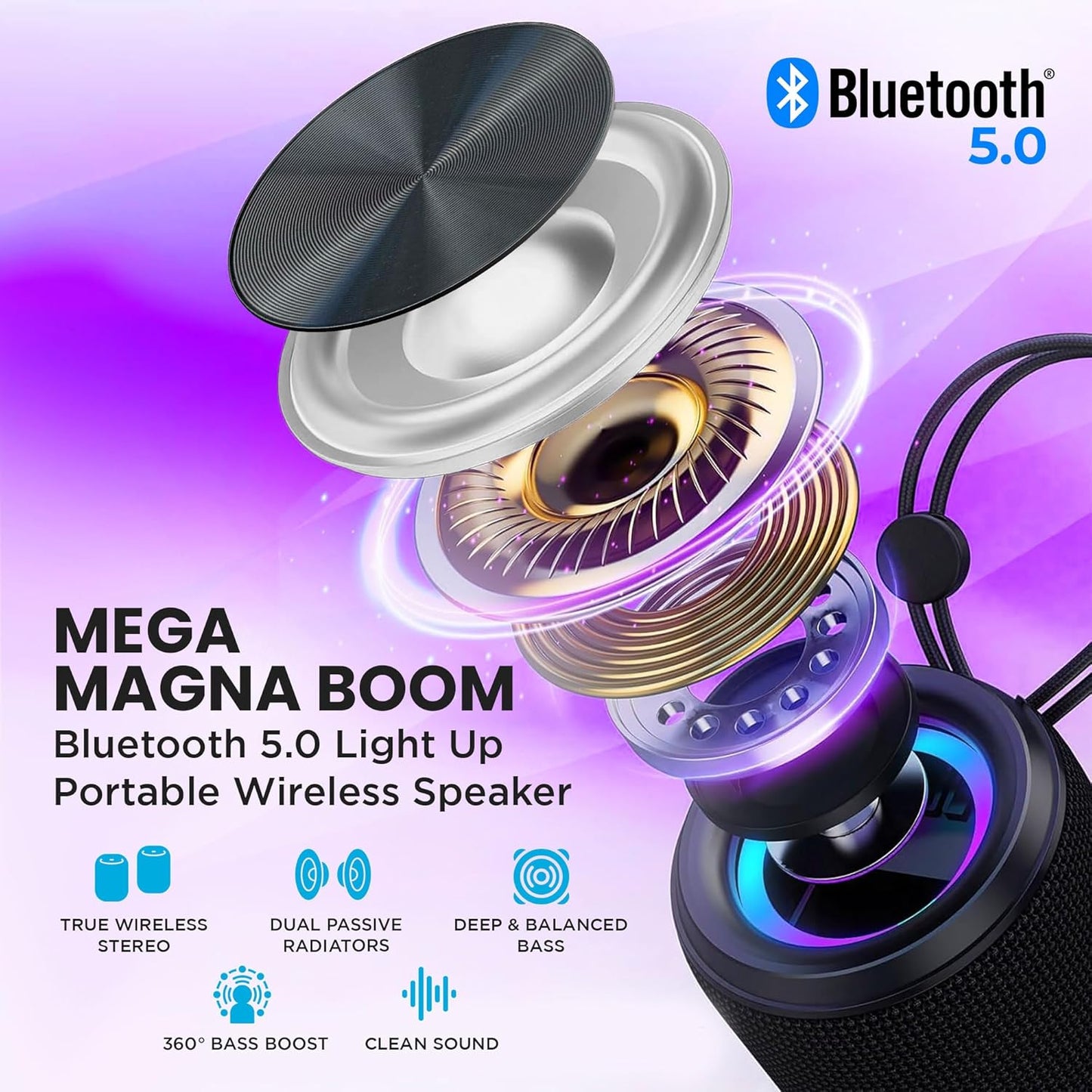 Mega Magnaboom Small Bluetooth Speaker | Portable 5.0 Bluetooth Waterproof Speaker | Wireless, LED Lights, Enhanced Bass, Indoor/Outdoor Parties and Travel